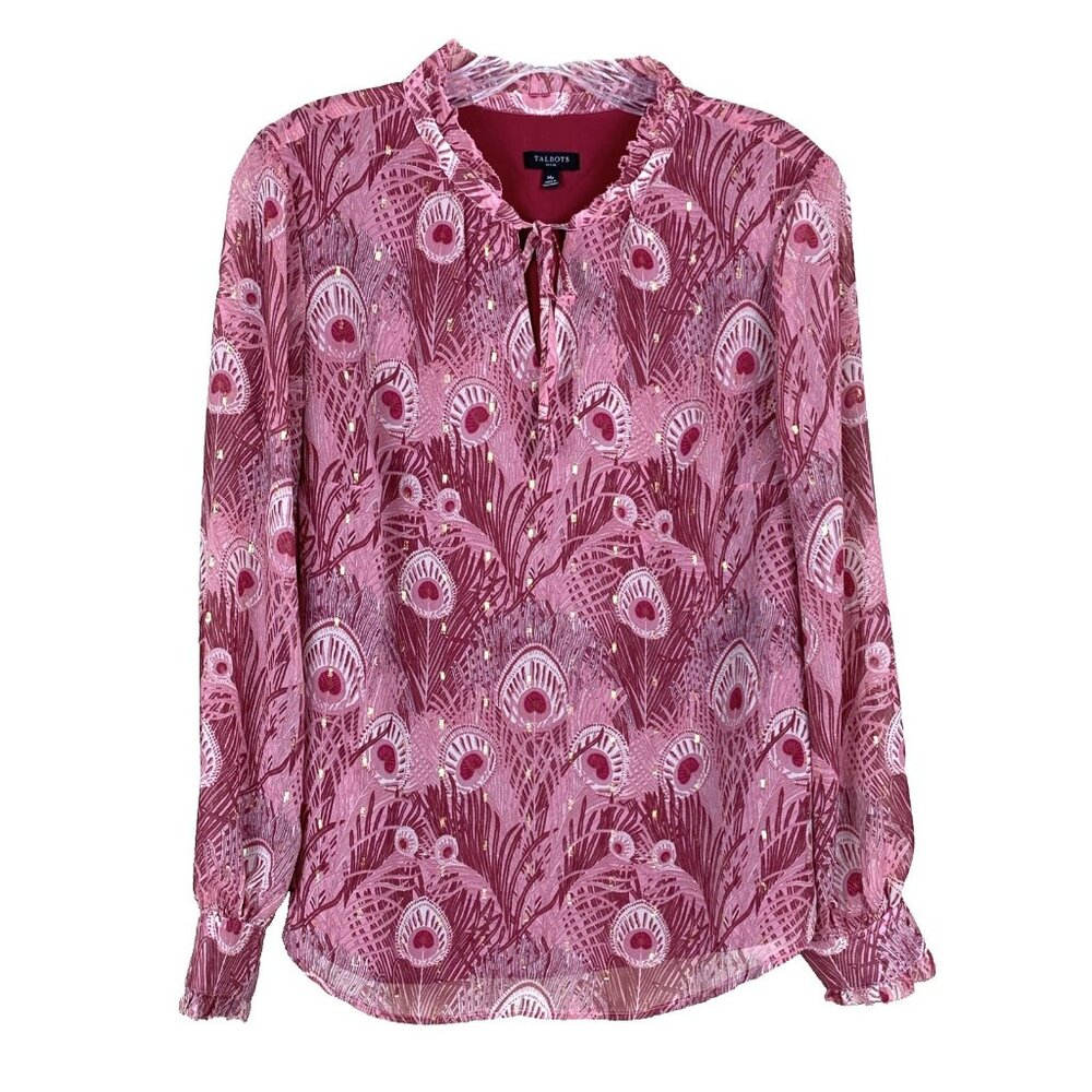 Talbots Womens M Petite Blouse Peacock Pink Peasant Office Romantic Feathers